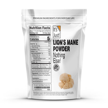 It's Just! Lion's Mane Mushroom Powder - Brain Support, Immune Health, Non-GMO, 8oz
