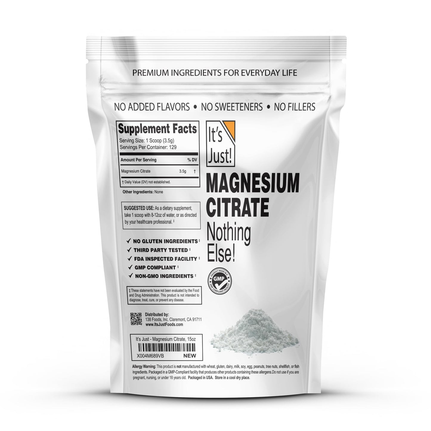 It's Just Magnesium Citrate Powder - 15oz, Non-GMO, Unflavored