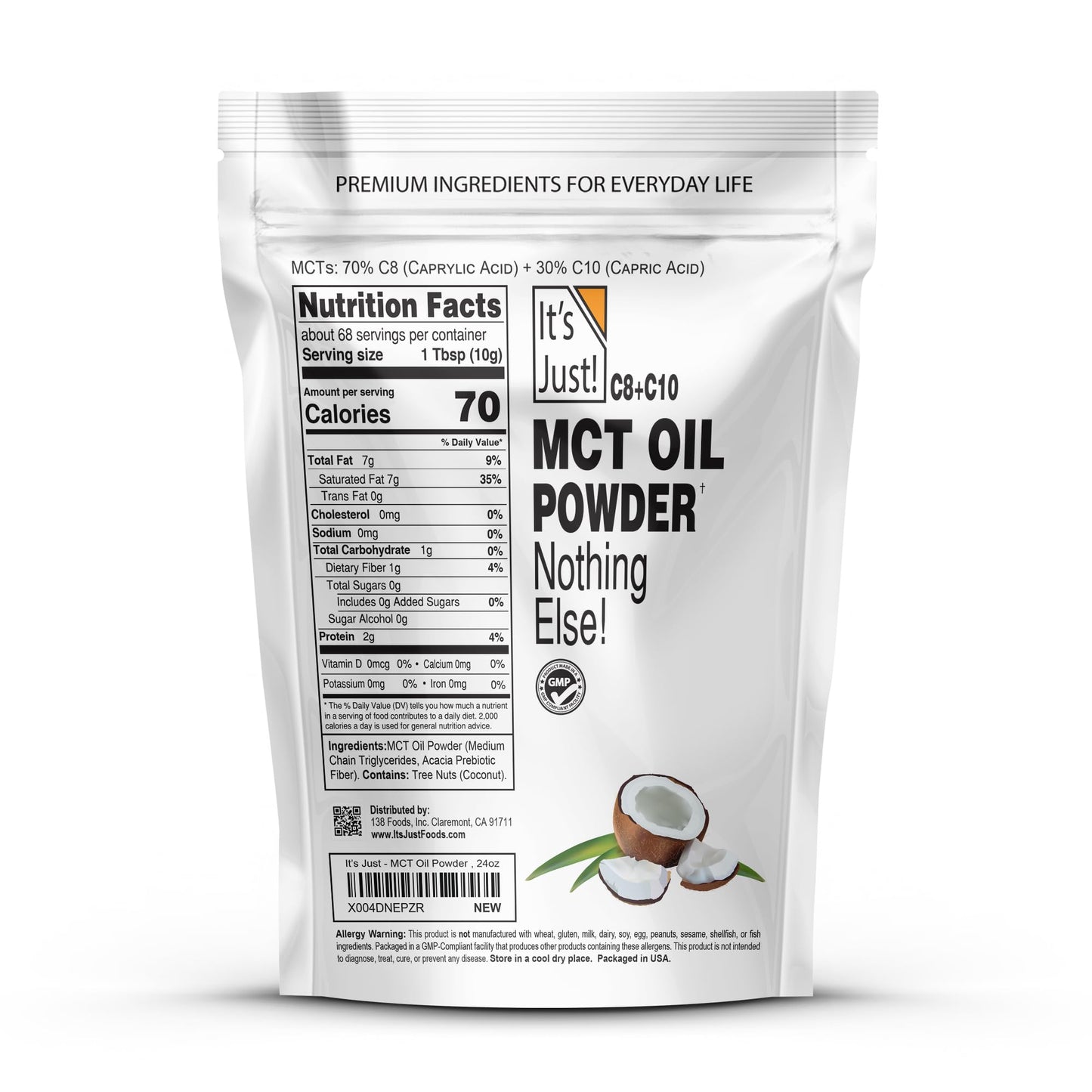 It's Just MCT Oil Powder with Prebiotic Fiber — 1.5lb, 70% C8 / 30% C10, Fast Fuel for Body & Brain, Keto Coffee Creamer, Non-GMO, Heavy Metal Tested