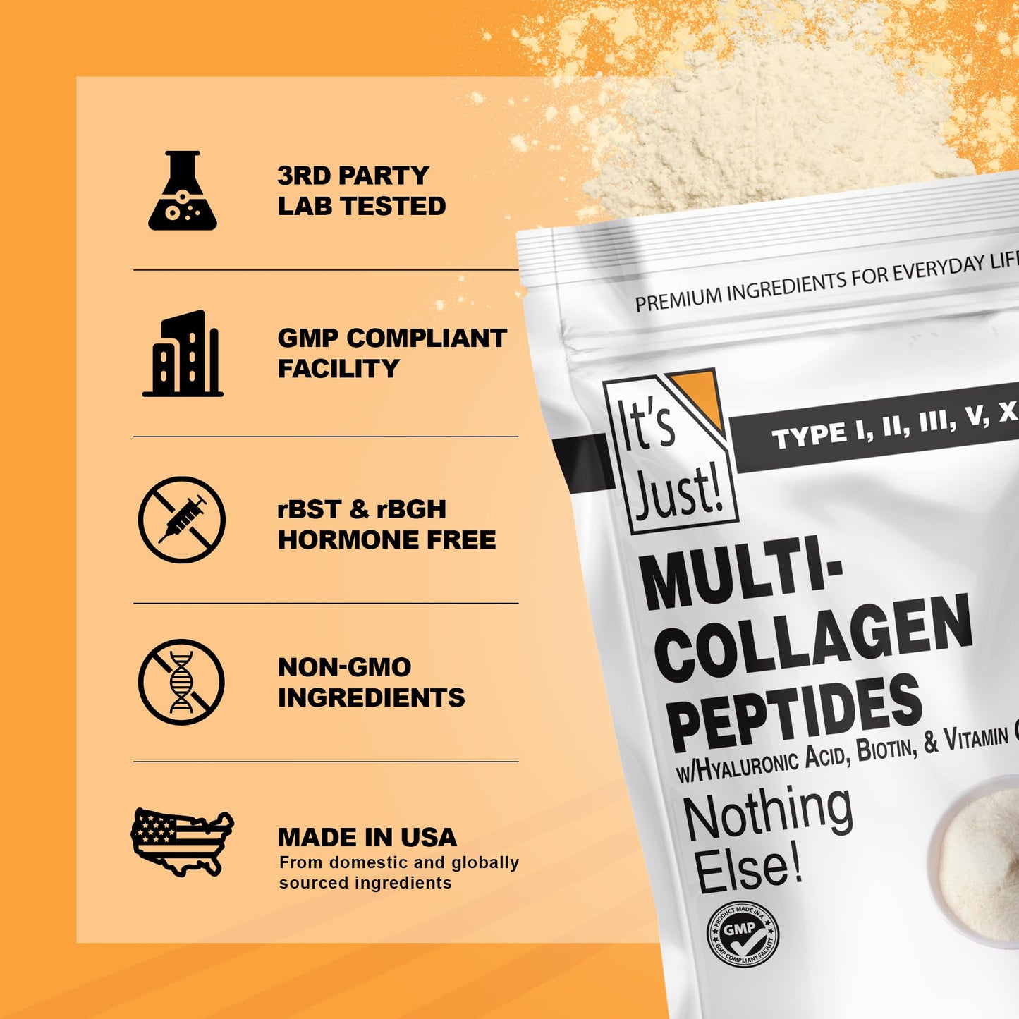 It's Just! Multi Collagen Peptides - Unflavored 20oz with Vitamin C, Biotin & Hyaluronic Acid | Gluten Free, Non-GMO, Heavy Metals Tested
