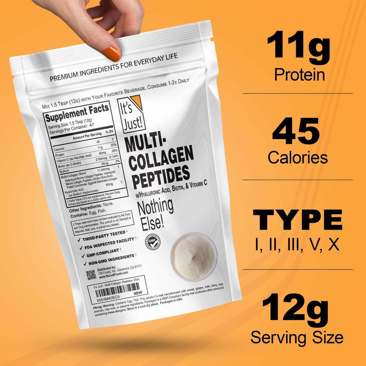 It's Just! Multi Collagen Peptides - Unflavored 20oz with Vitamin C, Biotin & Hyaluronic Acid | Gluten Free, Non-GMO, Heavy Metals Tested