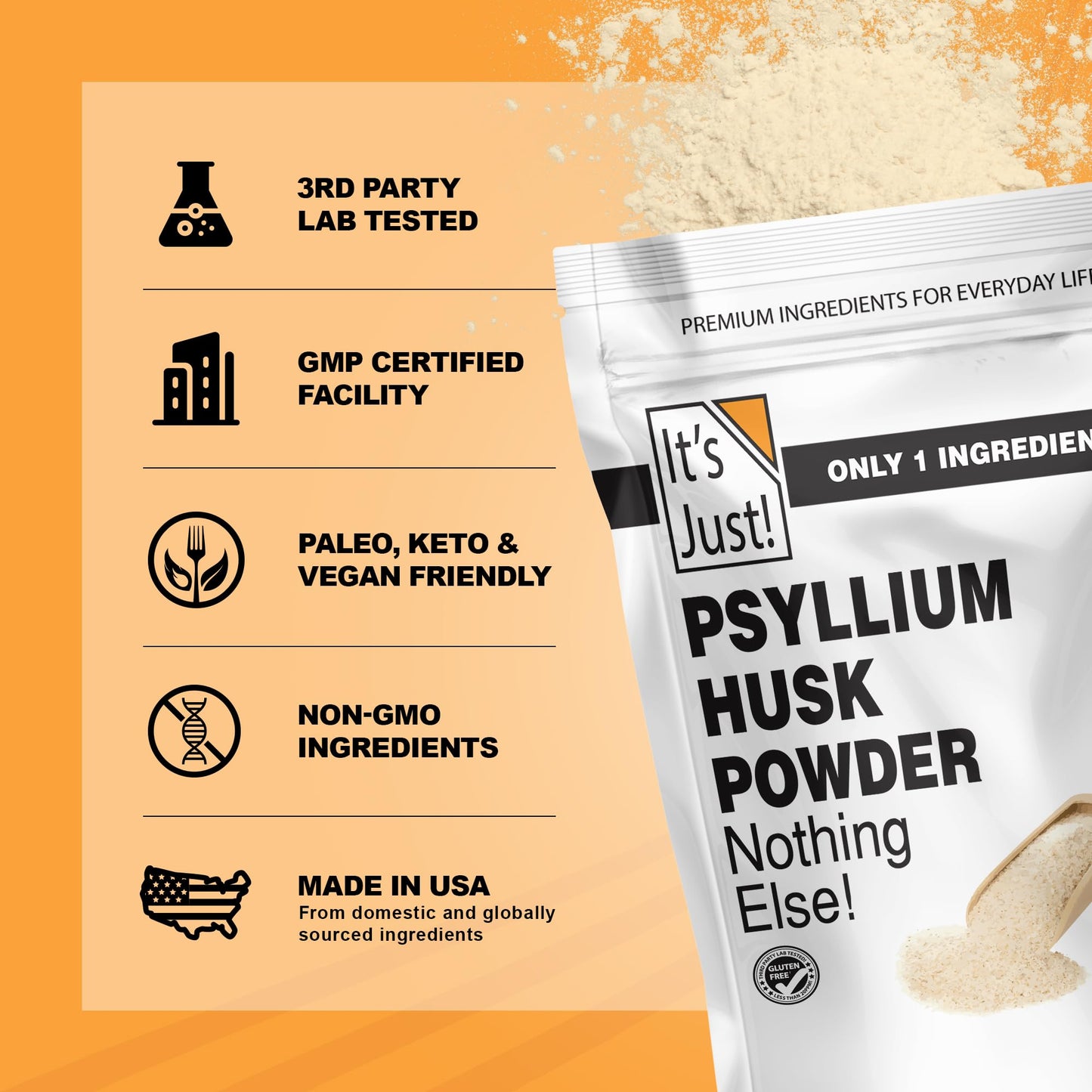 It's Just! Psyllium Husk Powder - Easy Mixing Dietary Fiber, Keto Baking, Non-GMO 10oz