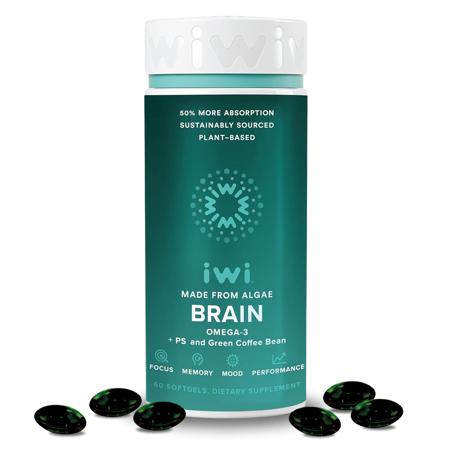 Iwi Life Brain Omega-3 – 60 Softgels, Vegan Algae EPA+DHA for Focus, Memory & Mood