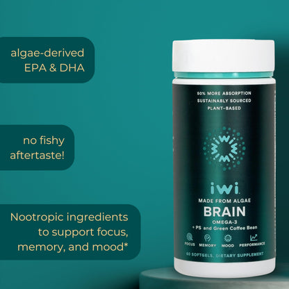 Iwi Life Brain Omega-3 – 60 Softgels, Vegan Algae EPA+DHA for Focus, Memory & Mood