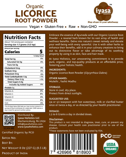 Iyasa Holistics Organic Licorice Root Powder (Mulethi) – Glycyrrhiza glabra, 16 oz