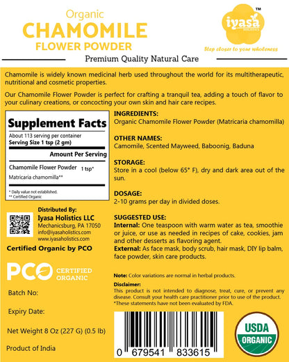 Iyasa Organic Chamomile Powder – Food Grade, 8 oz (223 g)