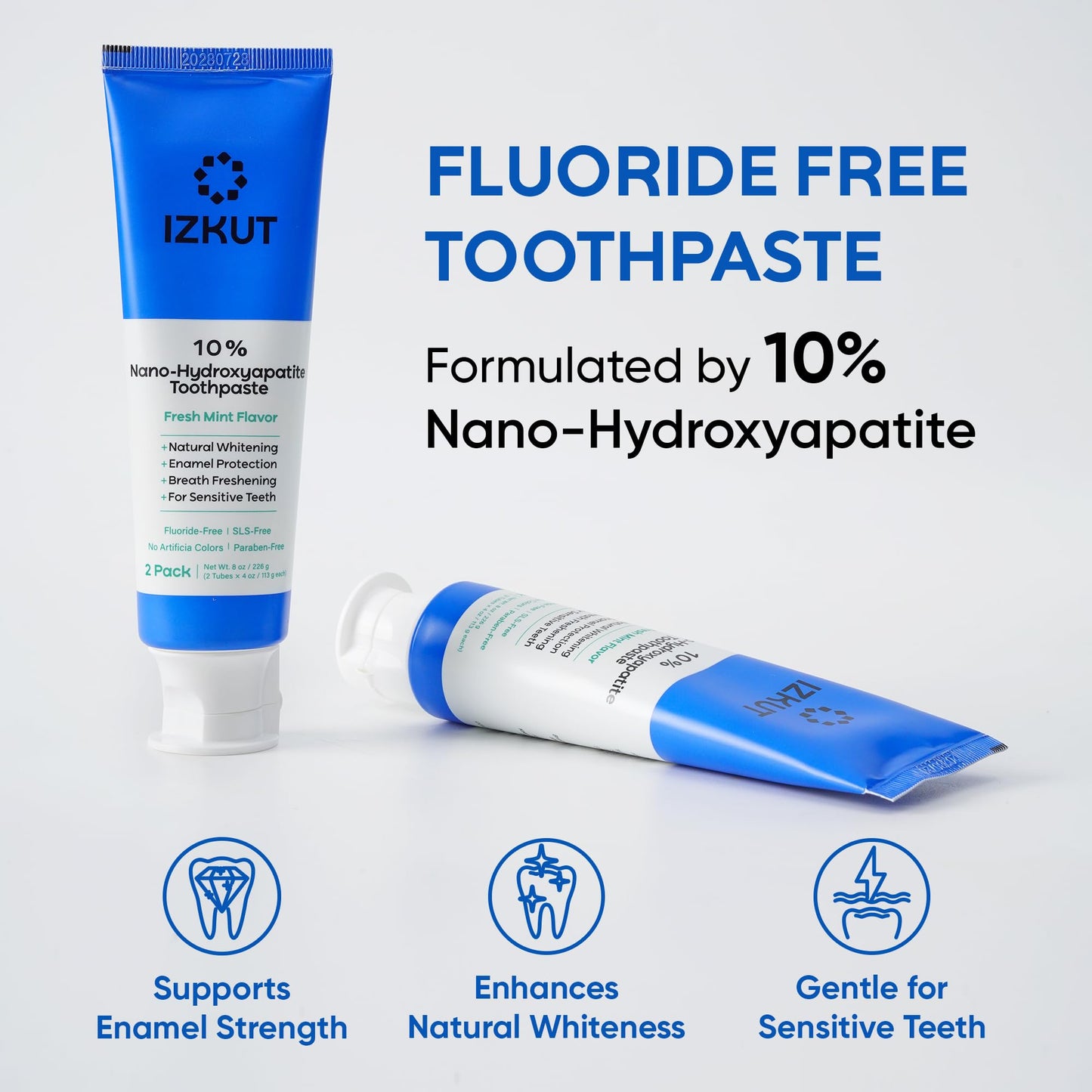 IZKUT 10% Nano Hydroxyapatite Toothpaste – Fluoride Free Whitening for Sensitive Teeth, SLS Free, Fresh Mint, 4 oz Pack of 2