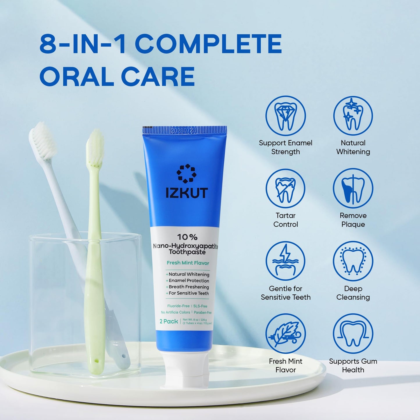 IZKUT 10% Nano Hydroxyapatite Toothpaste – Fluoride Free Whitening for Sensitive Teeth, SLS Free, Fresh Mint, 4 oz Pack of 2