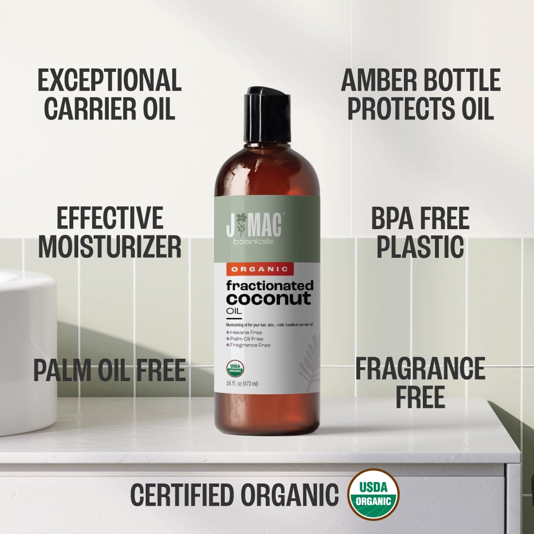 J MAC BOTANICALS Organic Fractionated Coconut Oil (16 oz) – Carrier Oil for Hair, Skin & Massage