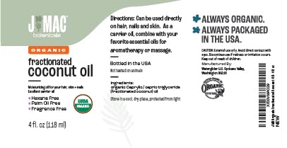 J MAC BOTANICALS Organic Fractionated Coconut Oil (4 oz) – Carrier Oil & Moisturizer