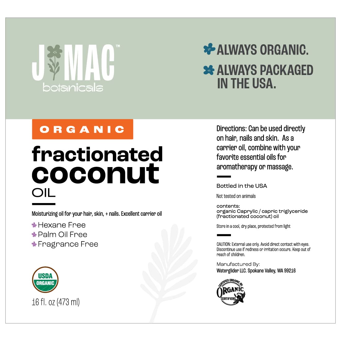 J Mac Botanicals Organic Fractionated Coconut Oil – 32 oz (2x16 oz) Carrier Oil