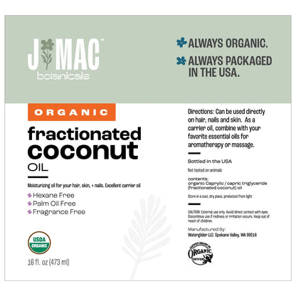 J MAC BOTANICALS Organic Fractionated Coconut Oil (16 oz) – Carrier Oil for Hair, Skin & Massage