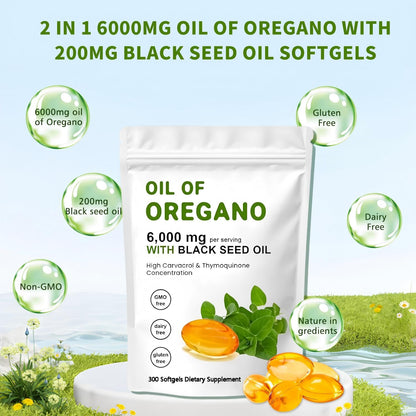 J-PRQ Oil of Oregano Softgels – 300 Count, Organic Oregano Oil + Black Seed Oil (Non-GMO)