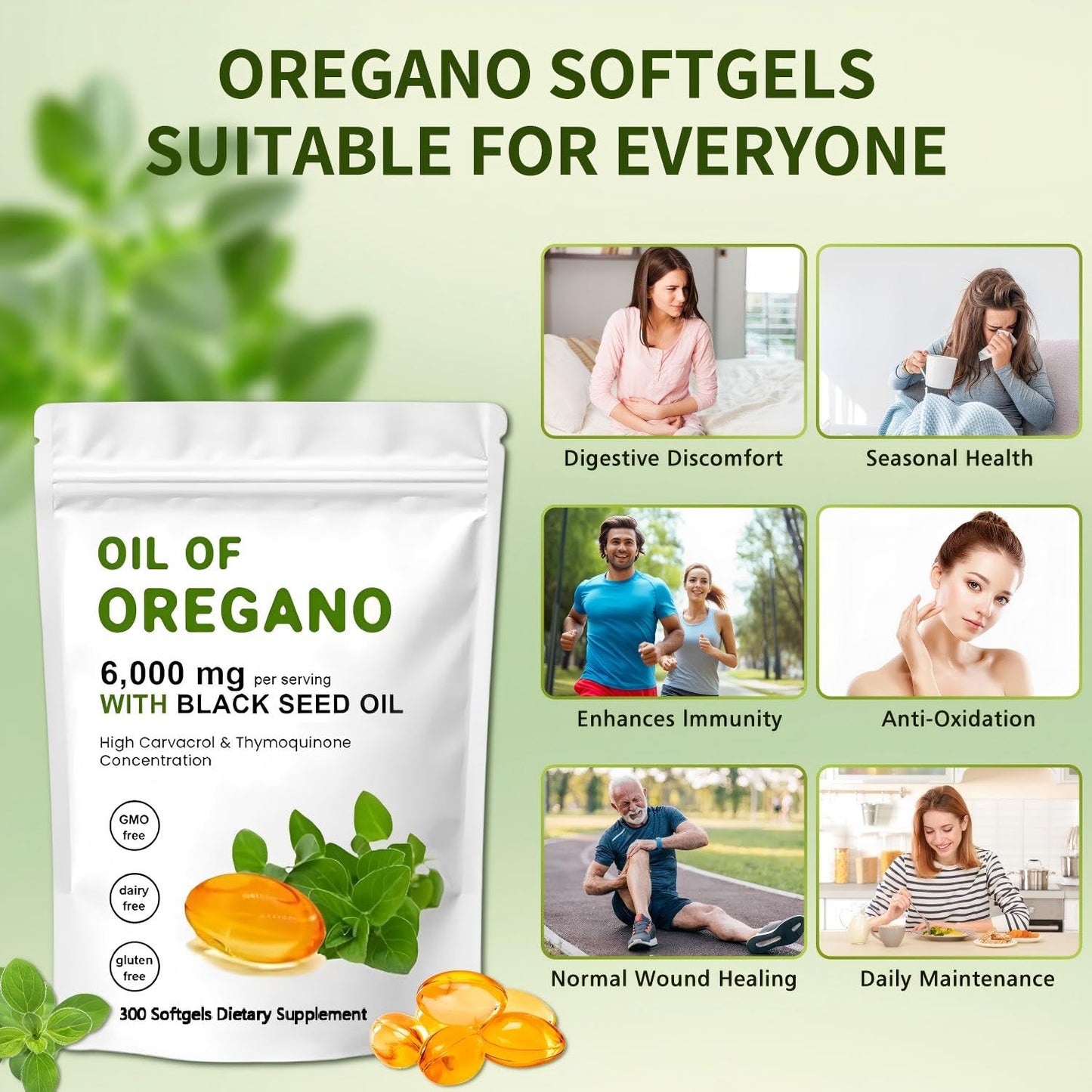 J-PRQ Oil of Oregano Softgels – 300 Count, Organic Oregano Oil + Black Seed Oil (Non-GMO)