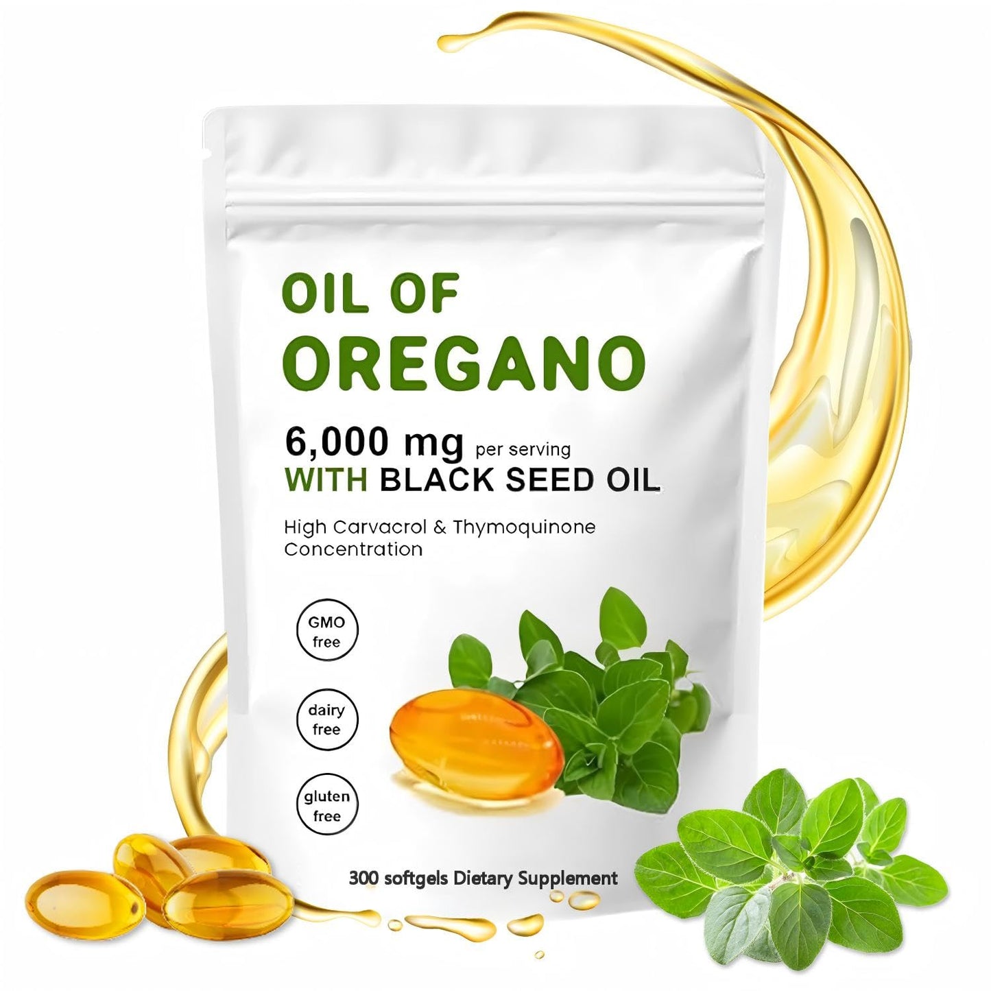 J-PRQ Oil of Oregano Softgels – 300 Count, Organic Oregano Oil + Black Seed Oil (Non-GMO)