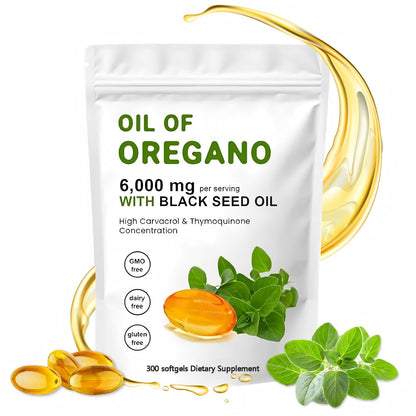 J-PRQ Oil of Oregano Softgels – 300 Count, Organic Oregano Oil + Black Seed Oil (Non-GMO)