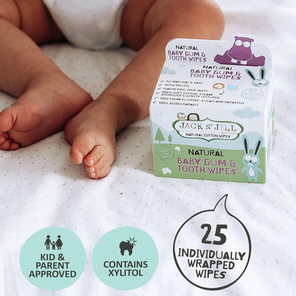 Jack N' Jill Baby Gum & Tooth Wipes - White, 25 Pack | Natural Xylitol Dental Wipes