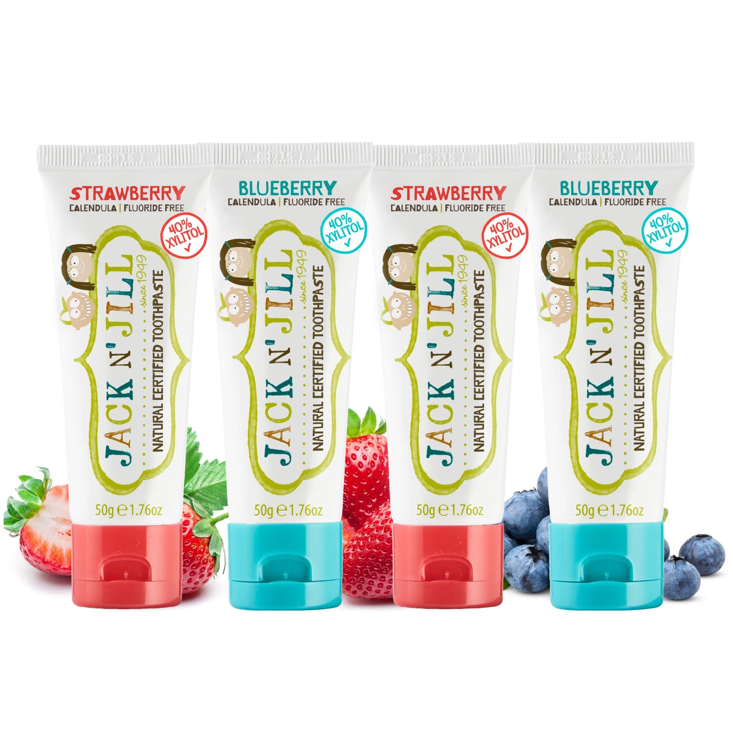 Jack N' Jill Fluoride-Free Baby Toothpaste – 40% Xylitol, Strawberry & Blueberry (Pack of 4)