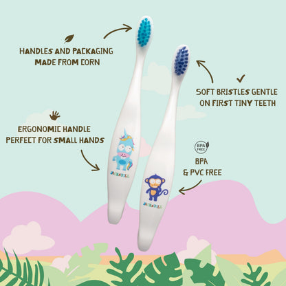 Jack N' Jill Kids Toothbrush - Extra Soft Bristles, Plant-Based Handle (Corn) - Bunny Baby 2 Pack