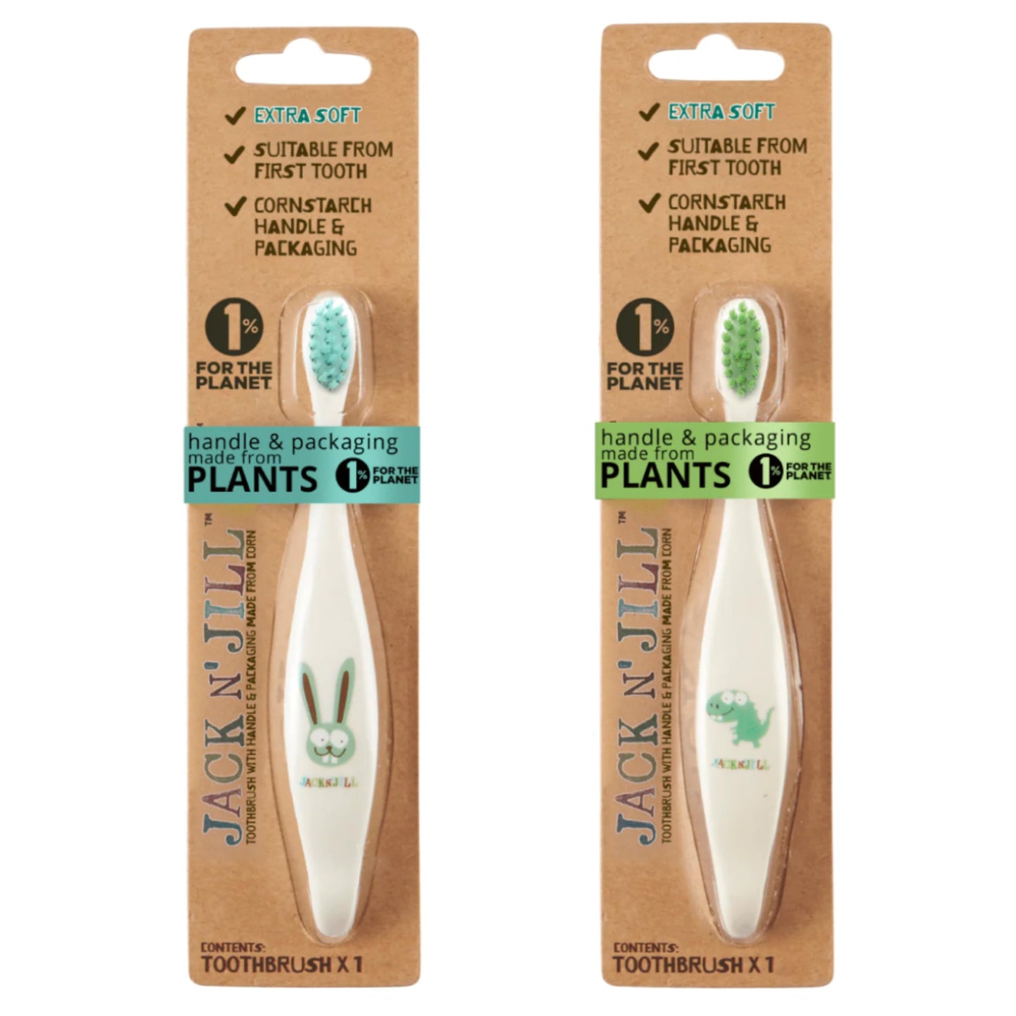 Jack N' Jill Kids Toothbrush – Extra Soft, Plant-Based Handle, 2-Pack (Dino & Bunny)