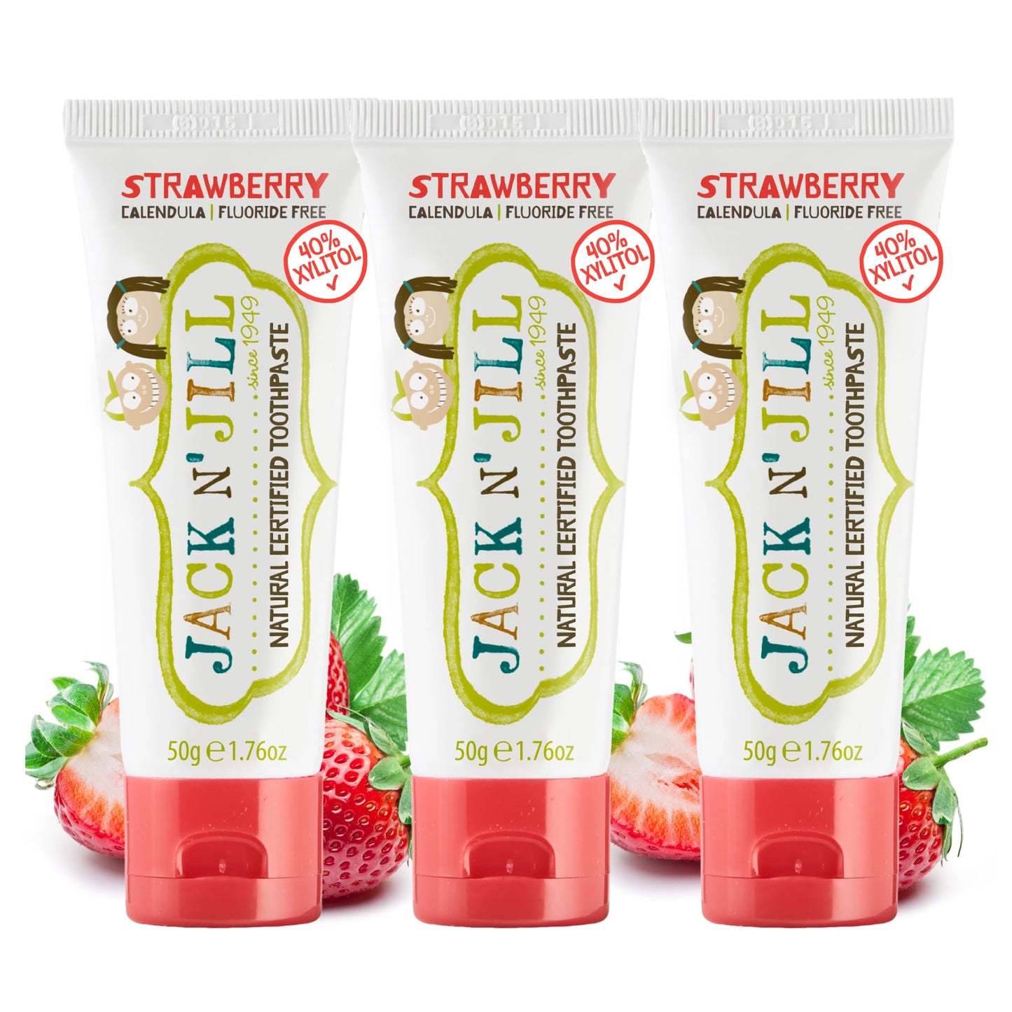Jack N' Jill Natural Toddler Toothpaste - Fluoride Free, 40% Xylitol, Strawberry, BPA Free (Pack of 3) 1.76 oz