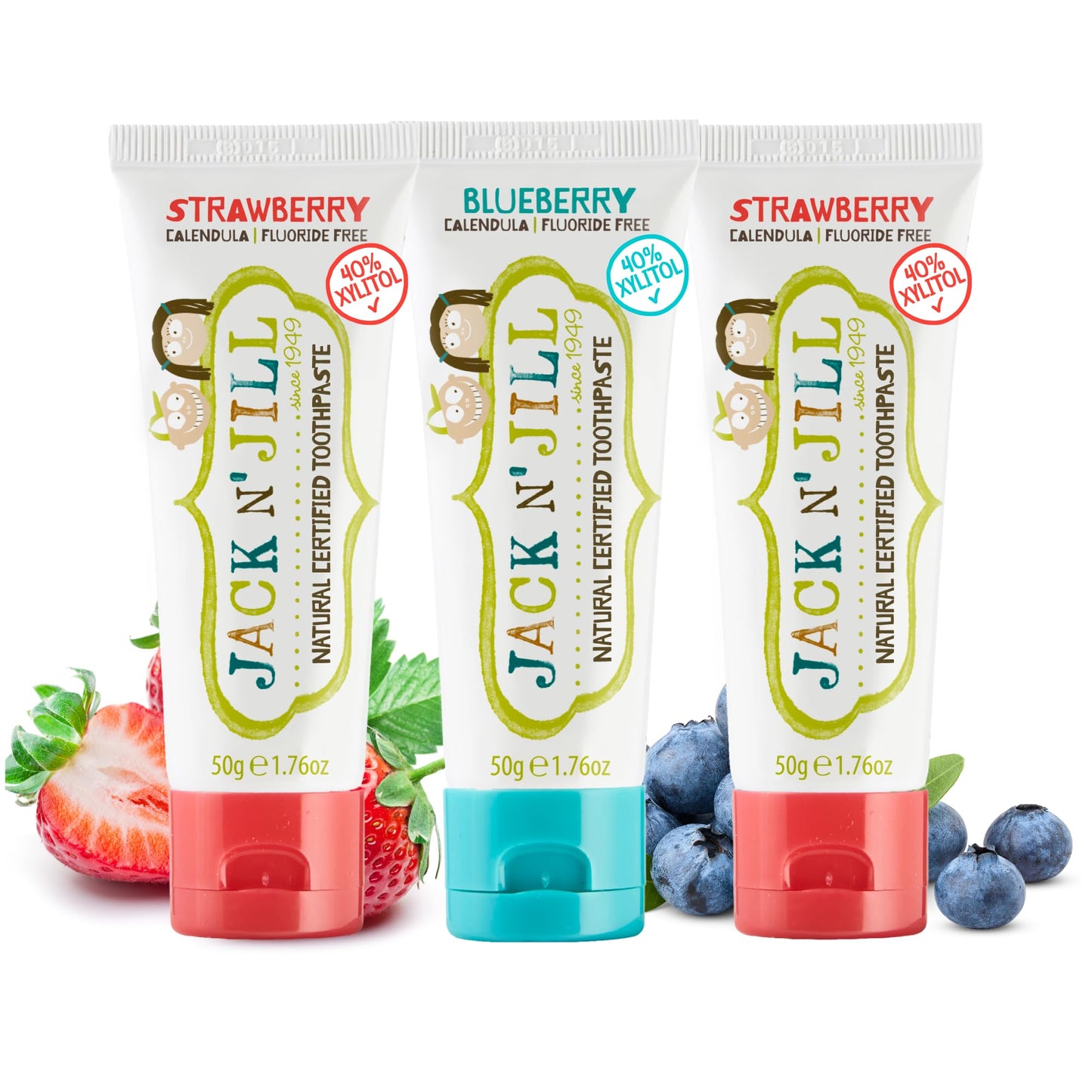 Jack N' Jill Natural Fluoride-Free Toothpaste for Babies & Kids – 40% Xylitol, Strawberry & Blueberry (3 x 1.76 oz)