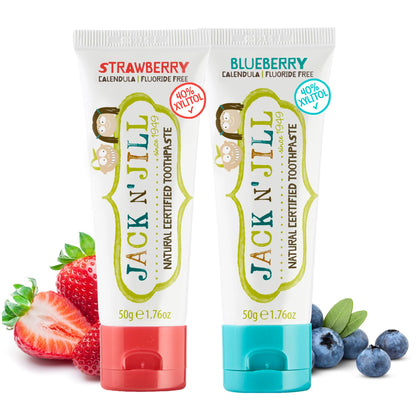Jack N' Jill Natural Toddler Toothpaste - Fluoride Free, 40% Xylitol (2x1.76 oz) - Strawberry & Blueberry