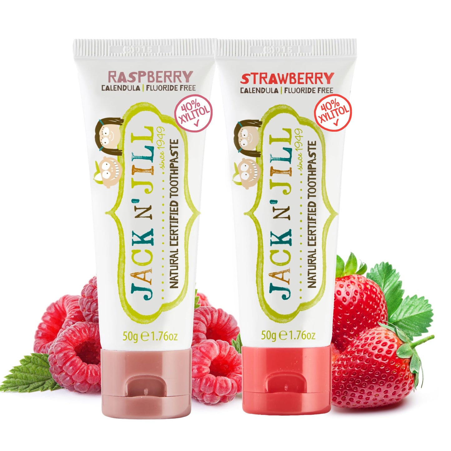 Jack N' Jill Natural Toddler Toothpaste - Fluoride Free Training Toothpaste for Toddlers 1-3, 40% Xylitol, BPA Free - Strawberry & Raspberry, 1.76 oz (2 Pack)