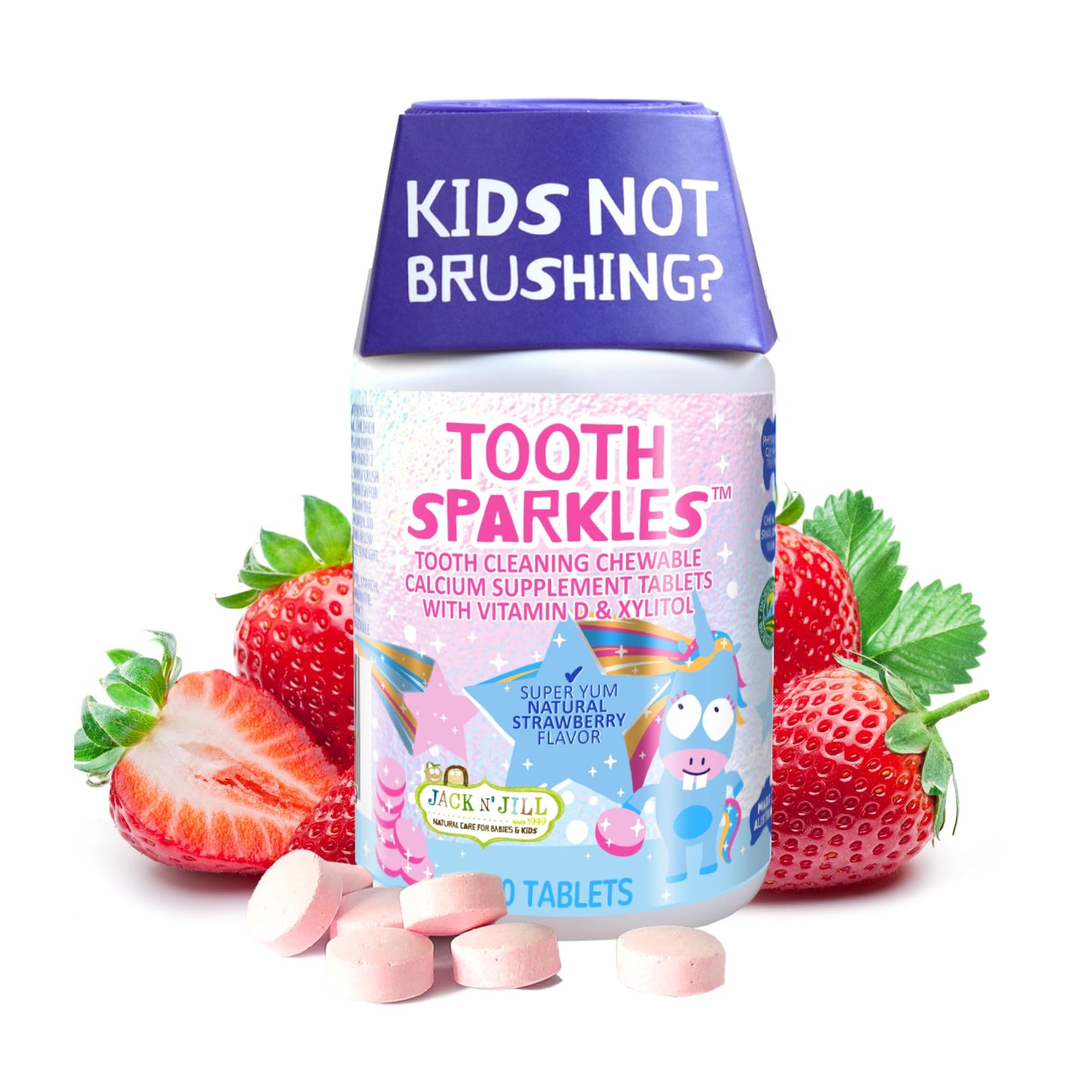 Jack N' Jill Tooth Sparkles - Calcium Chews for Teeth & Bone Development (Strawberry, 60 Tabs)