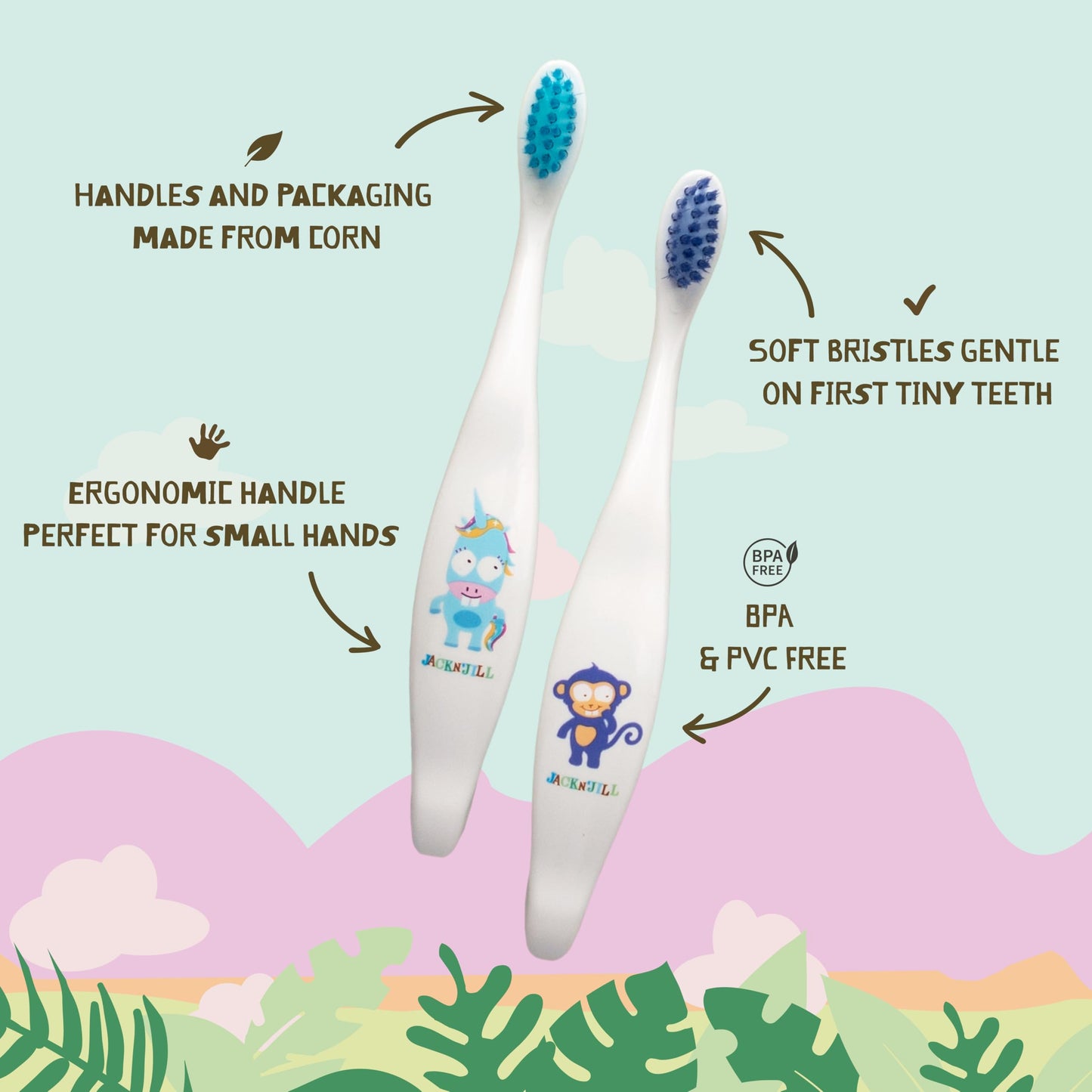 Jack N' Jill Baby & Toddler Toothbrushes - 4 Pack, 12 Months+ | Soft, Non-Toxic Cornhusk Handle