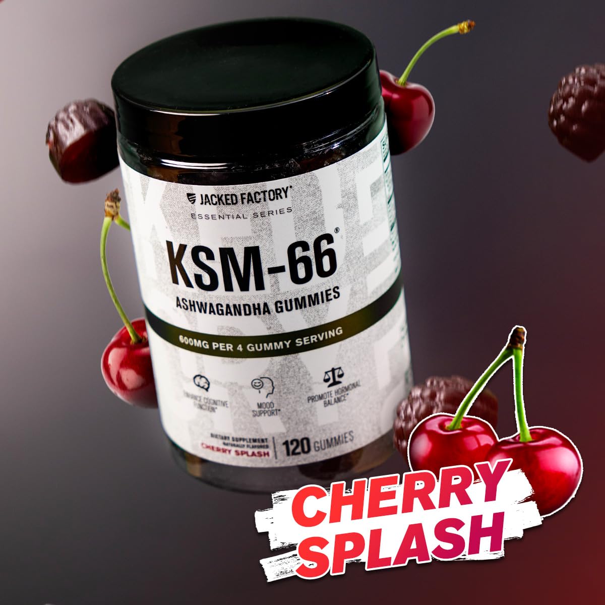 Jacked Factory Ashwagandha Gummies – KSM-66 600mg per Serving | 120 Gummies, Cherry Splash