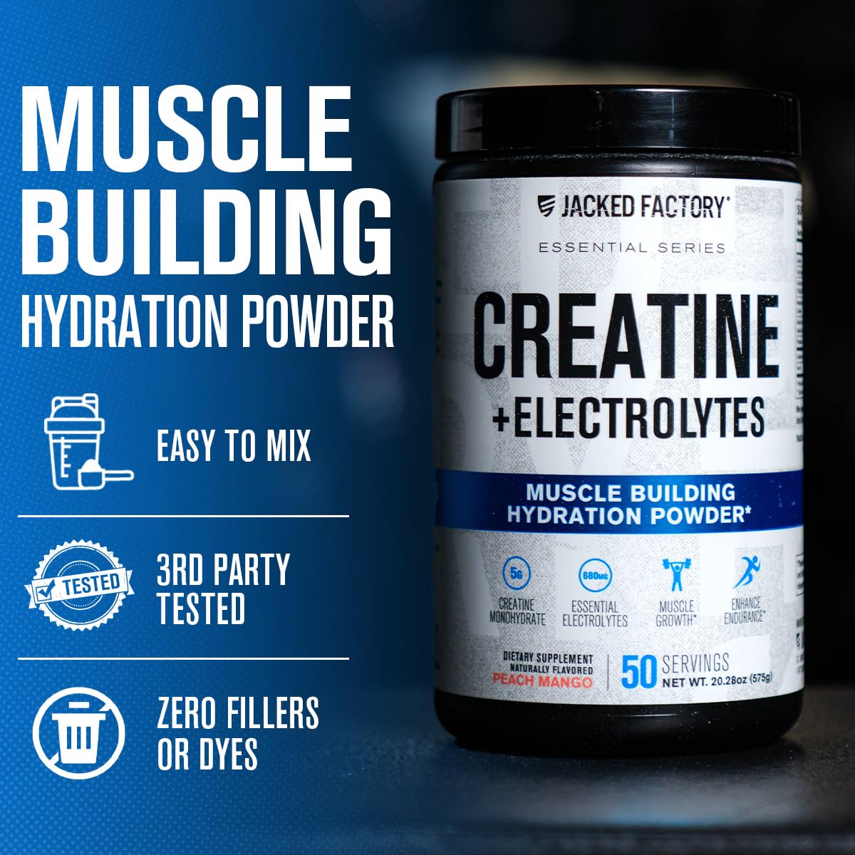 Jacked Factory Creatine + Electrolytes – Peach Mango (50 Servings) | Creatine Monohydrate with Taurine & Electrolytes
