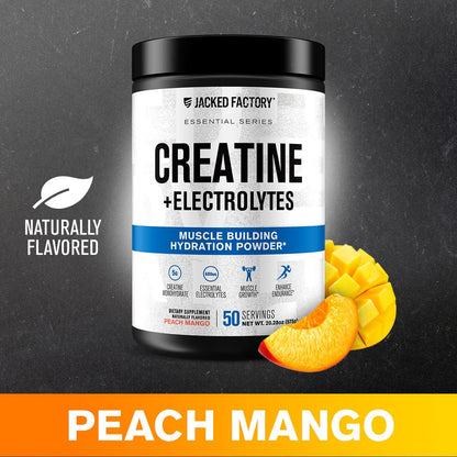 Jacked Factory Creatine + Electrolytes – Peach Mango (50 Servings) | Creatine Monohydrate with Taurine & Electrolytes