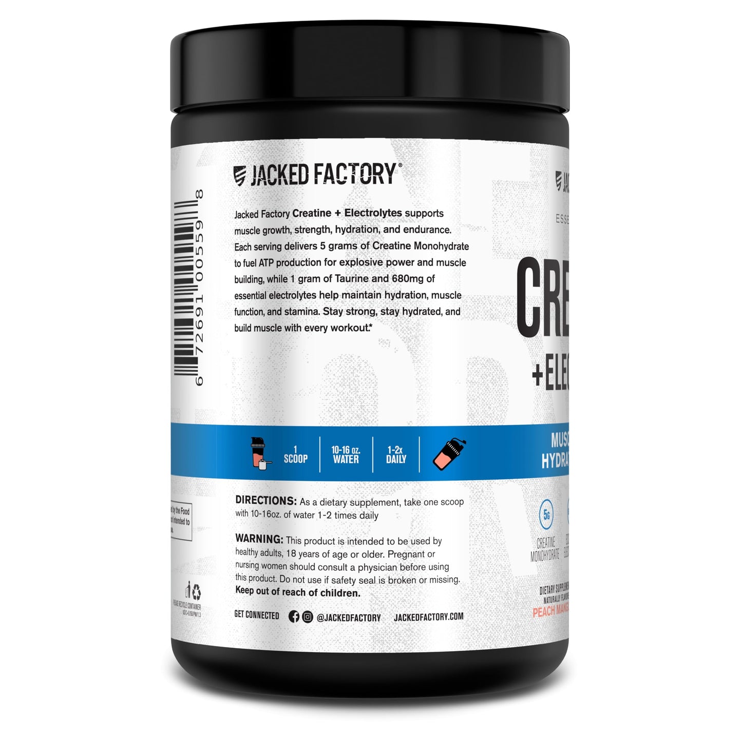 Jacked Factory Creatine + Electrolytes – Peach Mango (50 Servings) | Creatine Monohydrate with Taurine & Electrolytes