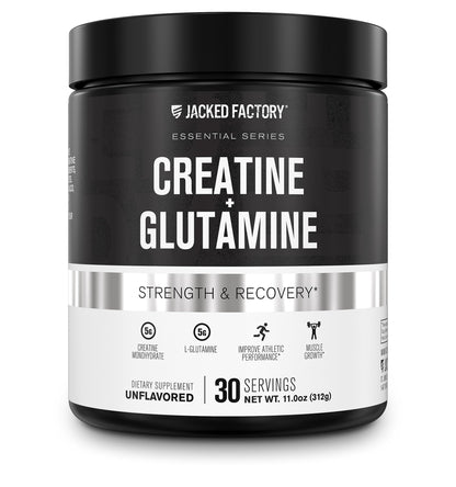 Jacked Factory Creatine + Glutamine – Creatine Monohydrate + L-Glutamine for Muscle Recovery, Strength, and Gut Health | 30 Servings, Unflavored