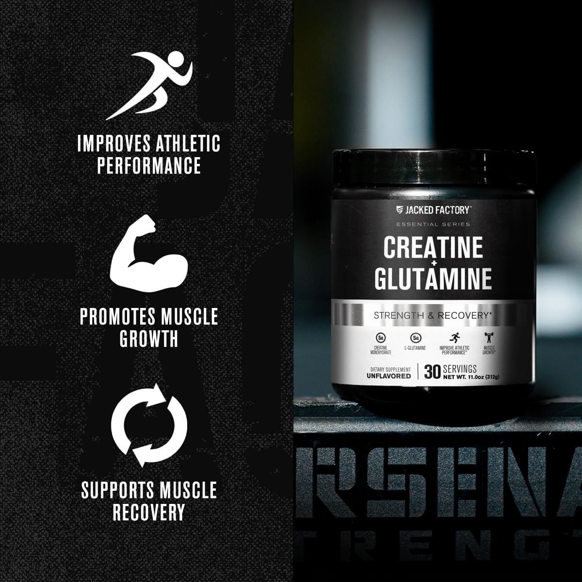 Jacked Factory Creatine + Glutamine – Creatine Monohydrate + L-Glutamine for Muscle Recovery, Strength, and Gut Health | 30 Servings, Unflavored
