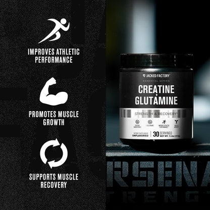 Jacked Factory Creatine + Glutamine – Creatine Monohydrate + L-Glutamine for Muscle Recovery, Strength, and Gut Health | 30 Servings, Unflavored