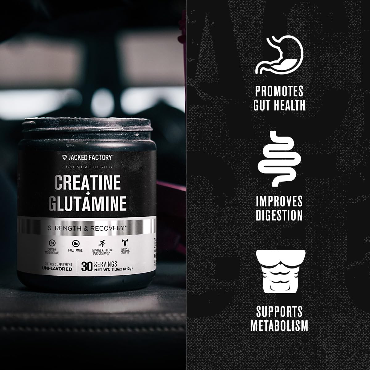 Jacked Factory Creatine + Glutamine – Creatine Monohydrate + L-Glutamine for Muscle Recovery, Strength, and Gut Health | 30 Servings, Unflavored