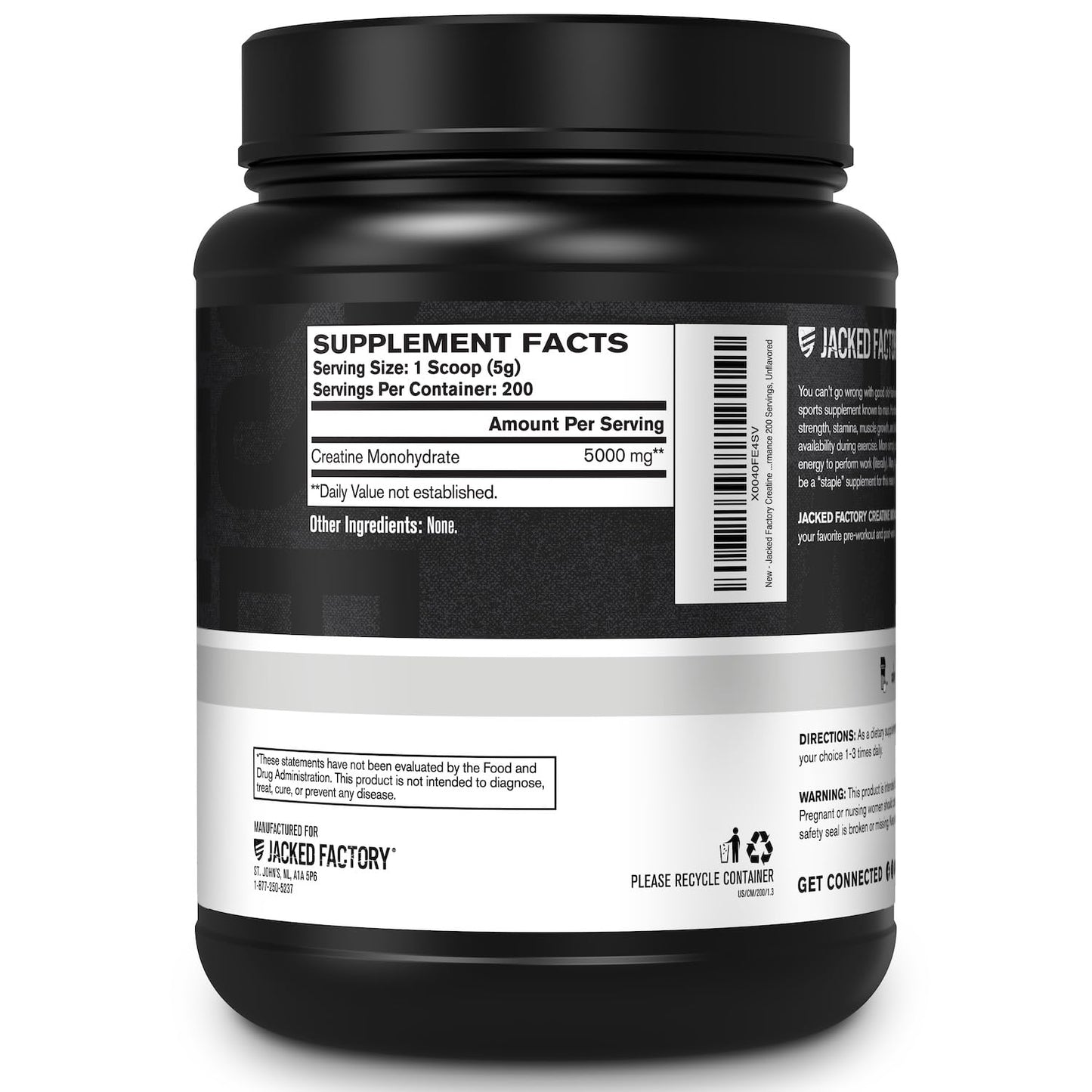 Jacked Factory Creatine Monohydrate Powder 1000g - 200 Servings, Unflavored, Vegan, Third-Party Tested
