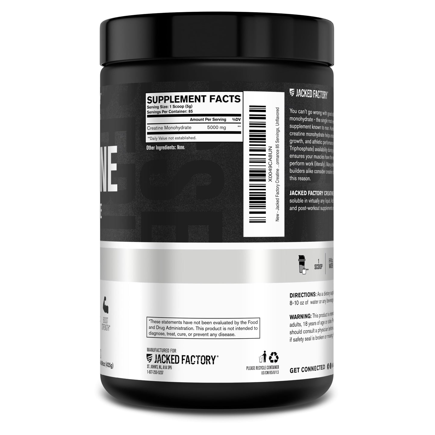 Jacked Factory Creatine Monohydrate Powder 425g – 5g Per Scoop, 85 Servings, Unflavored, Vegan