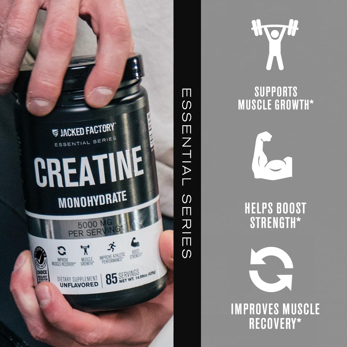 Jacked Factory Creatine Monohydrate Powder 425g – 5g Per Scoop, 85 Servings, Unflavored, Vegan