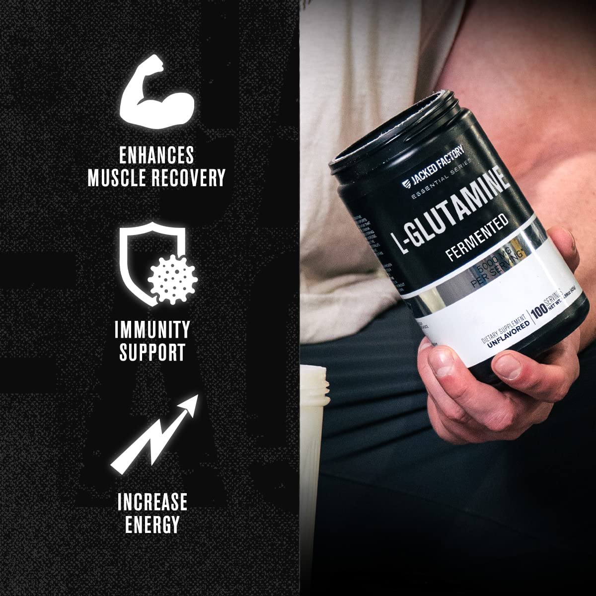 Jacked Factory L-Glutamine Powder – 100 Servings | Vegan Fermented, Unflavored
