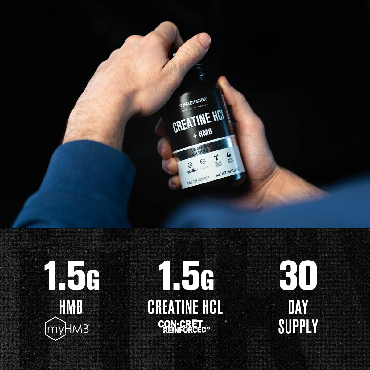 Jacked Factory Creatine HCL + HMB Capsules - Synergistic CON-CRET, myHMB, & Vitamin D Formula for Growth, Strength, & Reduced Muscle Breakdown - 150 Capsules