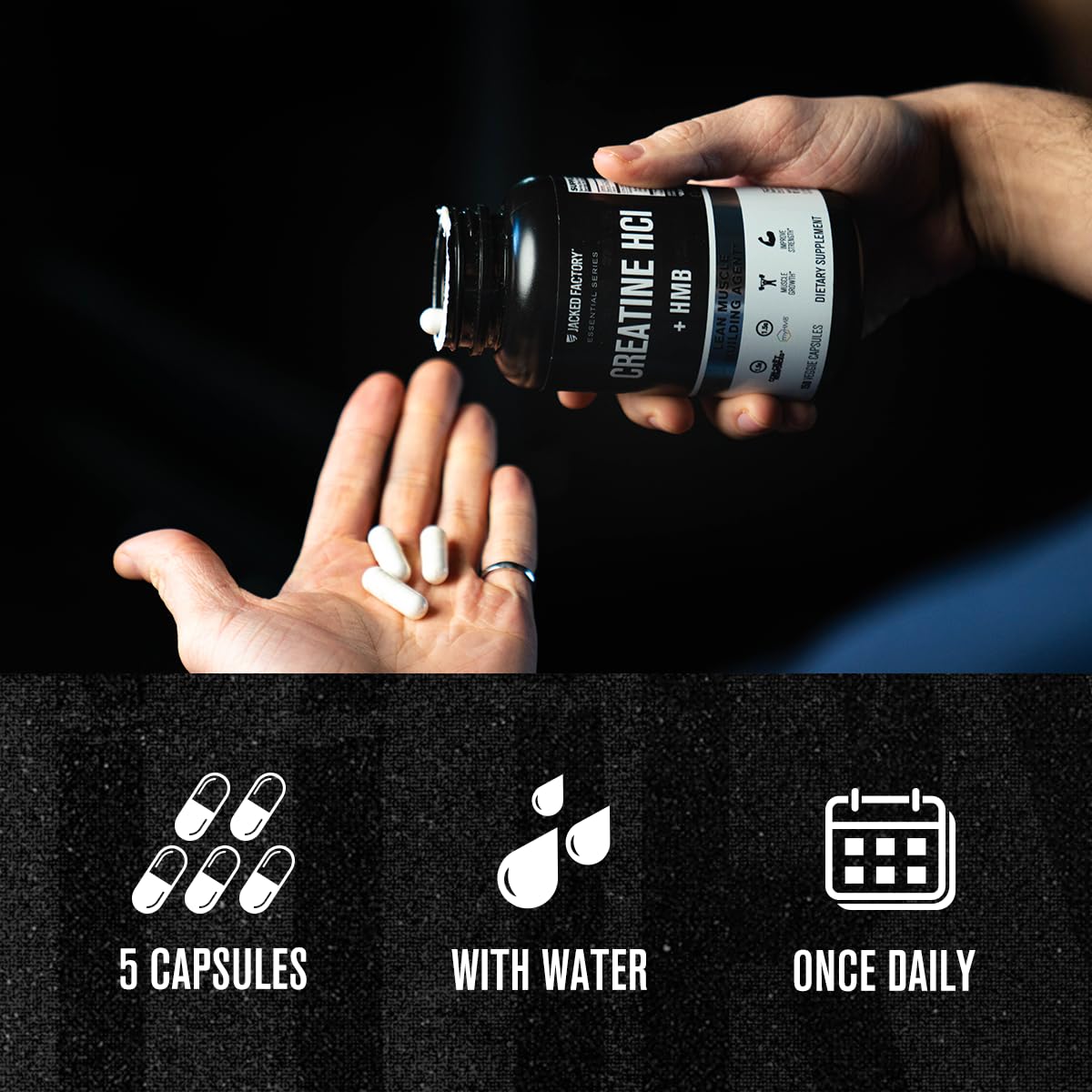 Jacked Factory Creatine HCL + HMB Capsules - Synergistic CON-CRET, myHMB, & Vitamin D Formula for Growth, Strength, & Reduced Muscle Breakdown - 150 Capsules