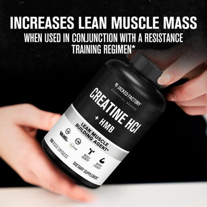 Jacked Factory Creatine HCL + HMB Capsules - Synergistic CON-CRET, myHMB, & Vitamin D Formula for Growth, Strength, & Reduced Muscle Breakdown - 150 Capsules