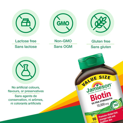 Jamieson Biotin 10,000 mcg – 90 Softgels (Value Size) | Ultra Strength Biotin