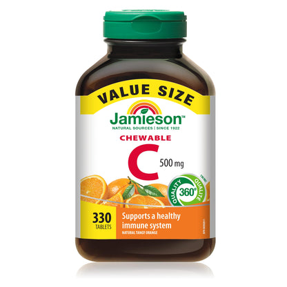Jamieson Vitamin-C 500mg Chewables, 330 Count – Tangy Orange (Canada Imported)