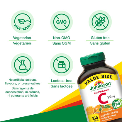 Jamieson Vitamin-C 500mg Chewables, 330 Count – Tangy Orange (Canada Imported)