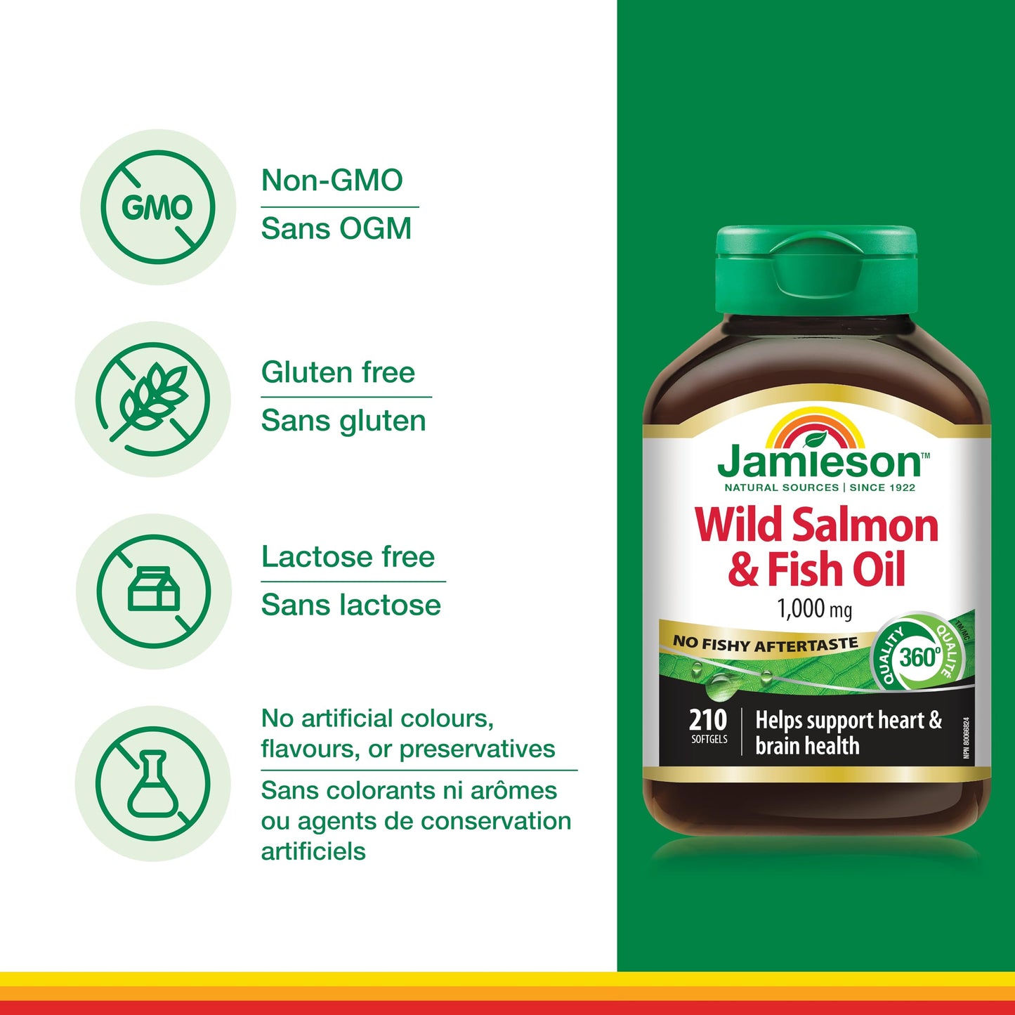 Jamieson No Fishy Aftertaste - Wild Salmon & Fish Oil 210 SoftGels | Omega-3 EPA & DHA