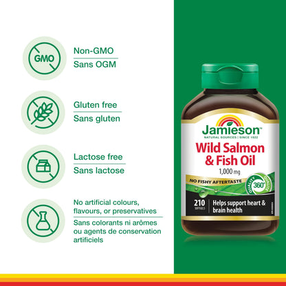 Jamieson No Fishy Aftertaste - Wild Salmon & Fish Oil 210 SoftGels | Omega-3 EPA & DHA